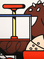 Detail view of the Fine Art Print Wiener Standard Frühstück by RadandYellow shows the upper part of the illustration with coffee press bread and croissant. The bright colors and precise lines of the print emphasize the high quality of the artwork on Fotospeed Art Smooth paper.