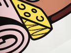 Close up of the Fine Art Print Wiener Standard Frühstück by RadandYellow shows the detailed print quality of the illustration featuring yellow cheese bread and newspaper. The bold colors and sharp lines of the art print highlight the premium finish on textured Fotospeed Art Smooth paper.