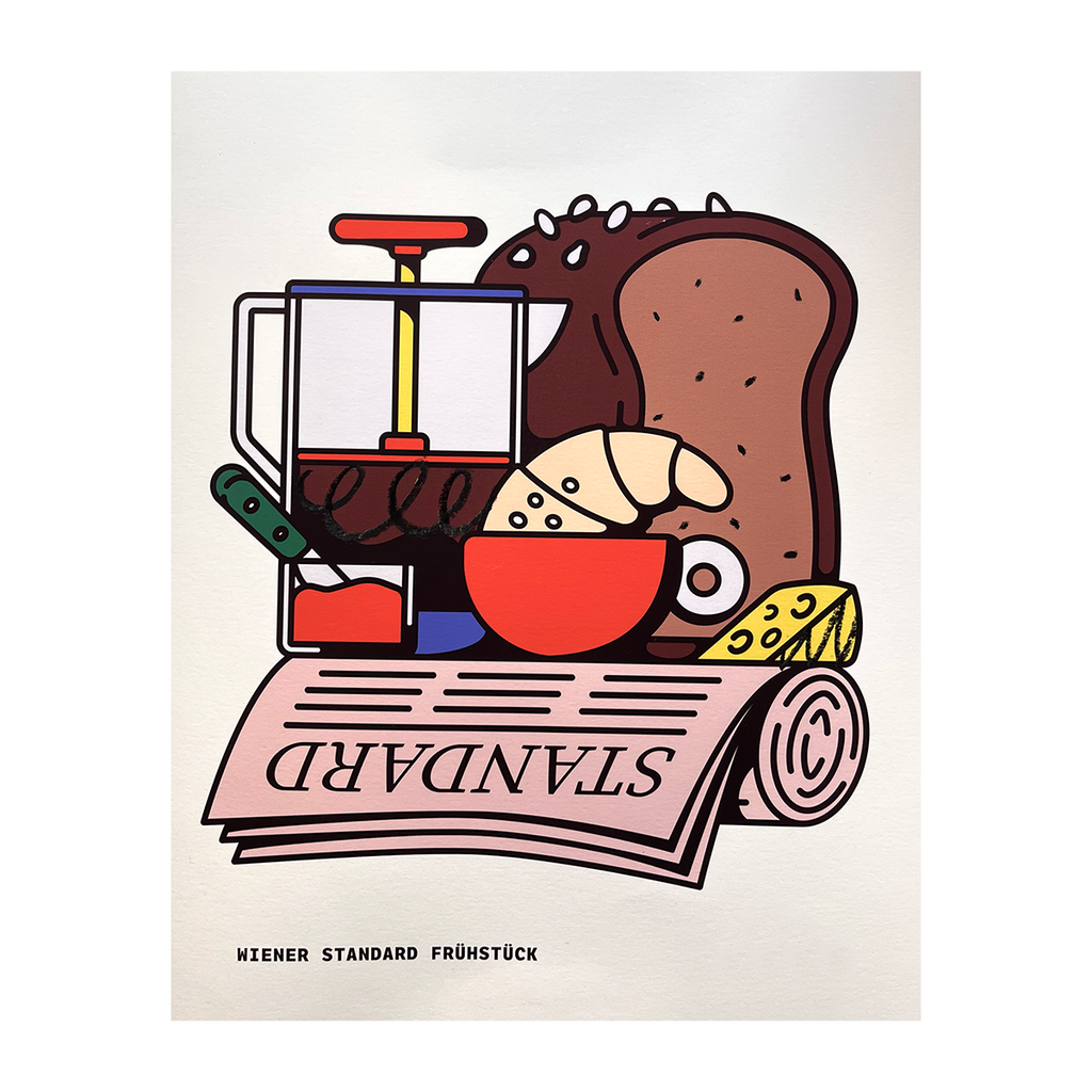 Fine Art Print Wiener Standard Frühstück von RadandYellow aus Wien, farbenfrohe Illustration eines klassischen Wiener Frühstücks mit Kaffeepresse, Brot, Croissant, Marmelade und Zeitung. Limitierte Edition, jeder Print von Hand mit Ölkreide veredelt, Format DIN A1 59,4 cm x 82 cm auf Fotospeed Art Smooth 200 g pro m².