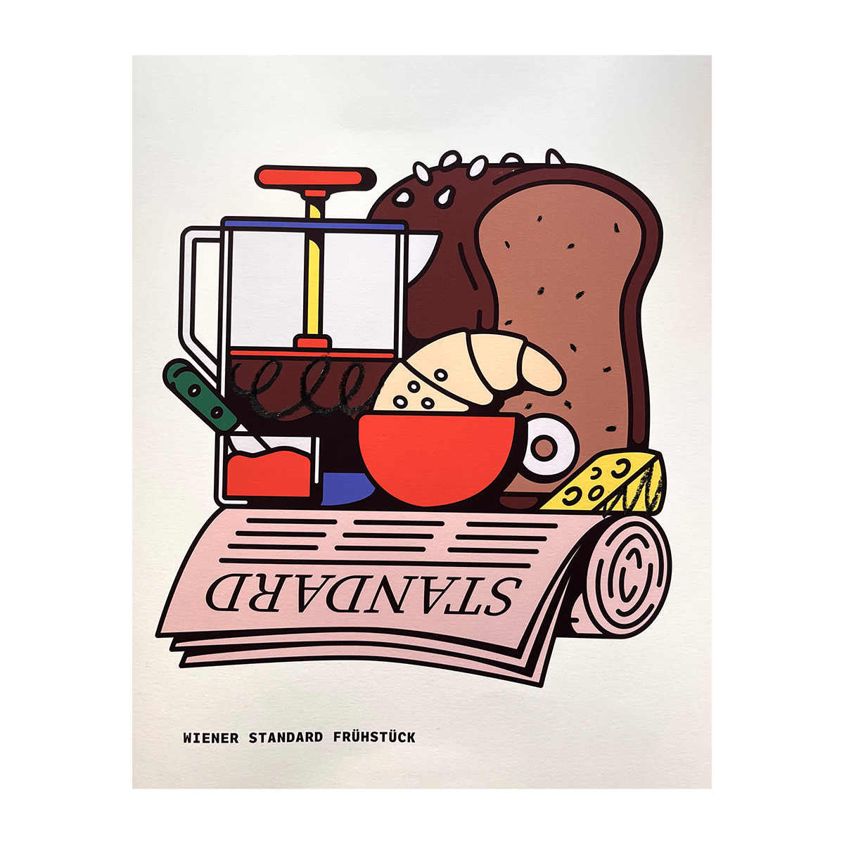 Fine Art Print Wiener Standard Frühstück by RadandYellow from Vienna colorful illustration of a classic Viennese breakfast with coffee press bread croissant jam and newspaper. Limited edition each print hand finished with oil pastel size DIN A1 59.4 cm x 82 cm on Fotospeed Art Smooth 200 g per m².